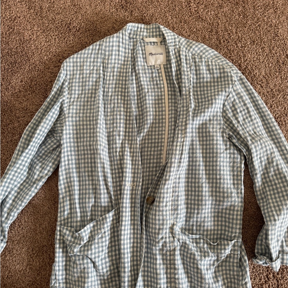 Madewell Blue Gingham Linen Collarless Blazer